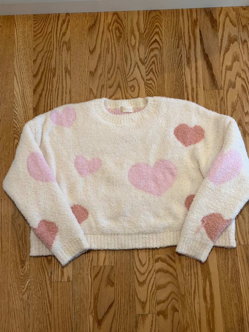 Altar'd State Cream Crewneck Sweater with Pink Heart Motif